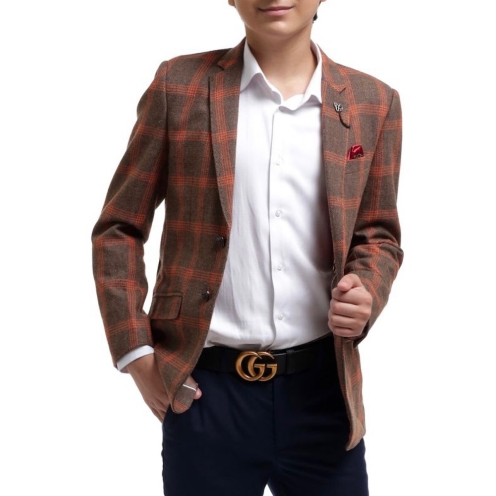 NWT ELIE BALLEH Big Boy Camel Windowpane Two-Button Notch Lapel Sport Coat S